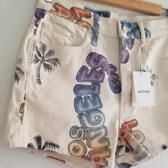 MOTHER The Tomcat Los Angeles Printed Denim Shorts Size 26 Cream Beige - Picture 2 of 10